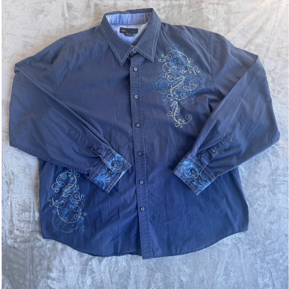 Pronto Uomo Blue Shirt Mens XXL Embroidered Y2K‎ Dress Casual Dadcore Style